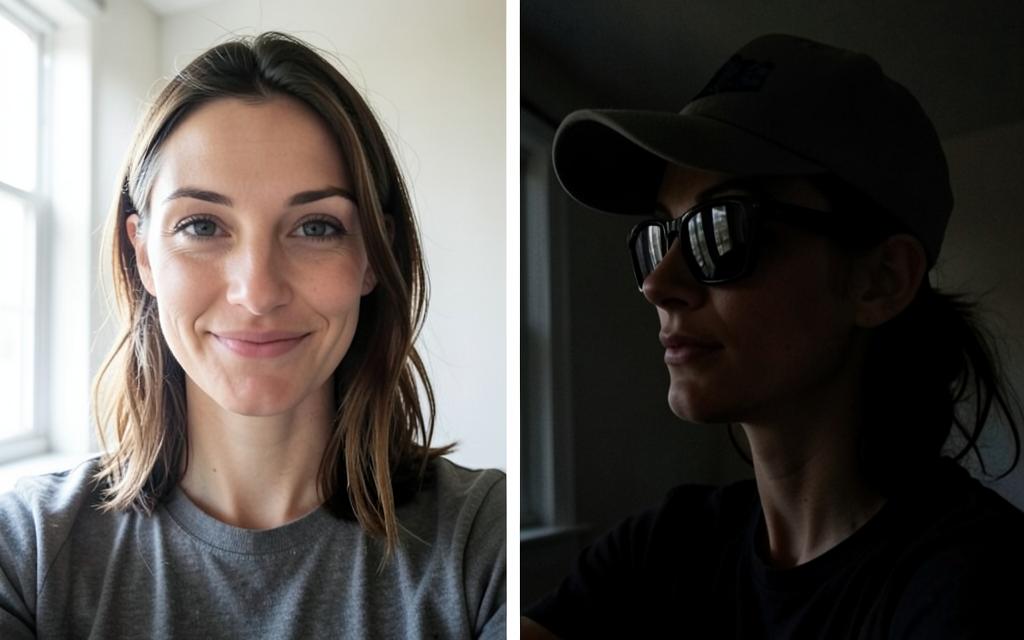 Example of a good photo: facing the camera in bright light, versus one to avoid: dark, with sunglasses and a hat