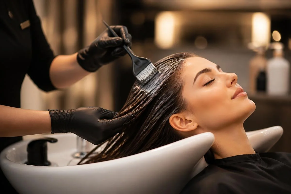 Hāste stylist applying a premium hair treatment