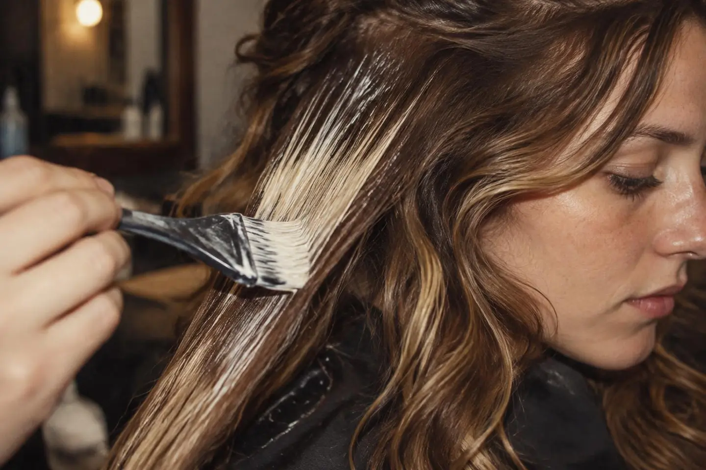 Close-up of a tinting brush sweeping lightener down a section of brown wavy hair