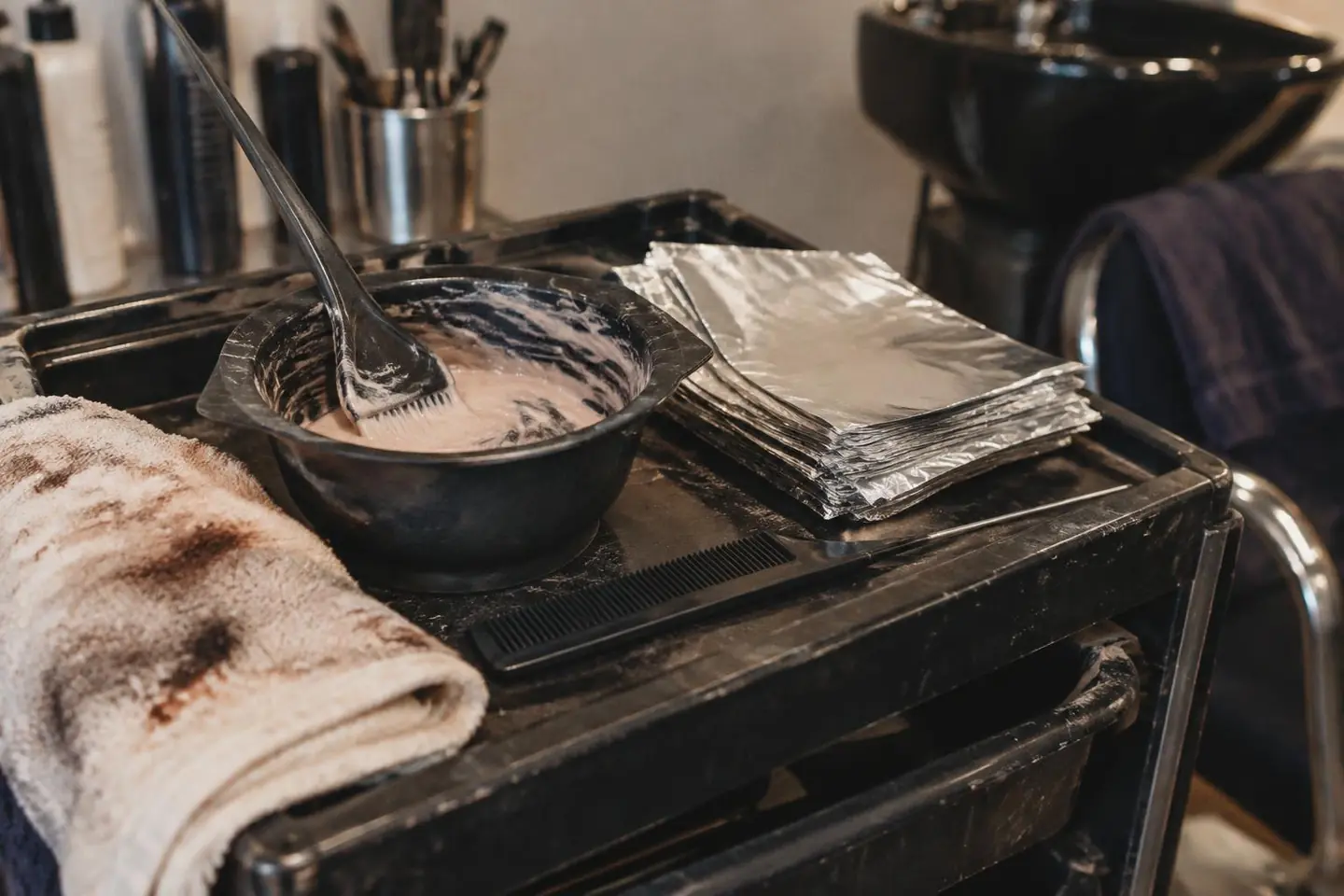 A salon trolley with a colour bowl, tinting brush, stack of foils and a tail comb