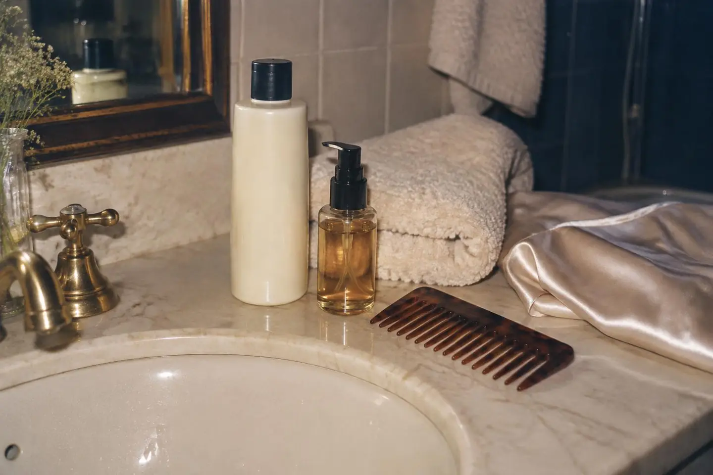 A sulfate-free shampoo, leave-in serum, wide-tooth comb and silk pillowcase on a bathroom sink