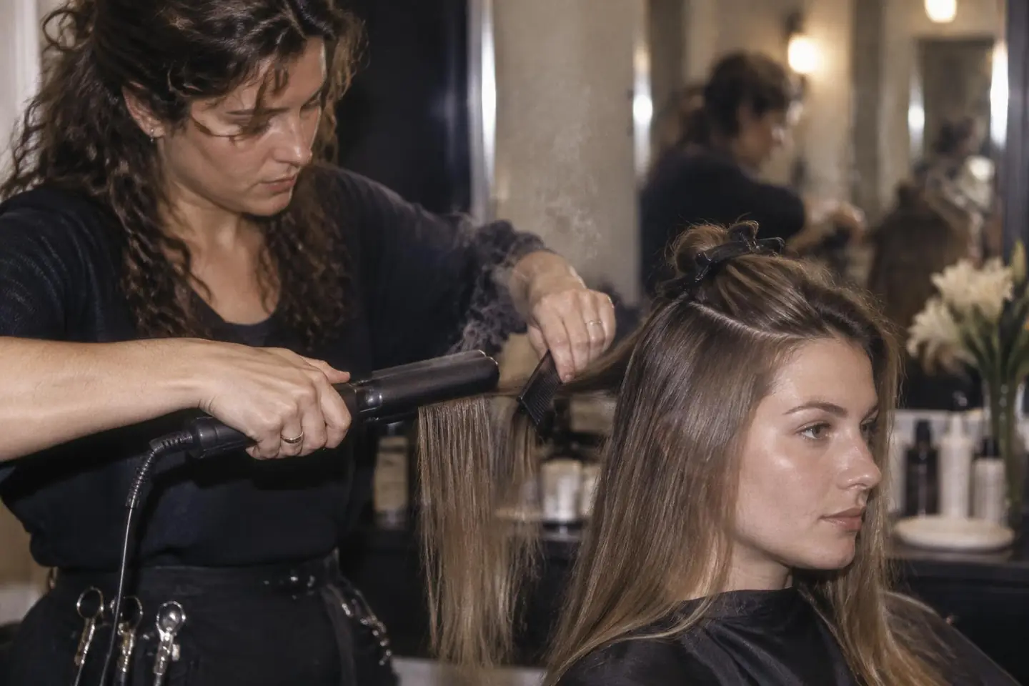 A stylist flat-ironing a fine section of freshly treated hair