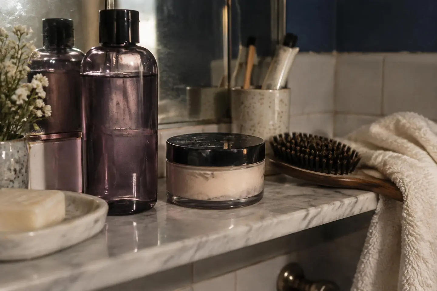 Purple-toning shampoo, a hydrating mask, a bristle brush and a towel on a bathroom shelf