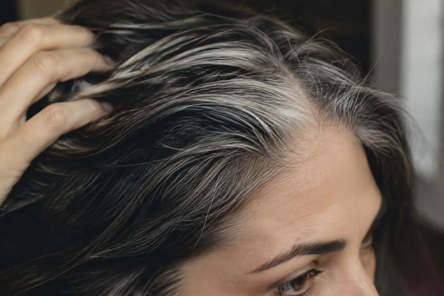 Close-up of silver strands growing through dark hair at the roots
