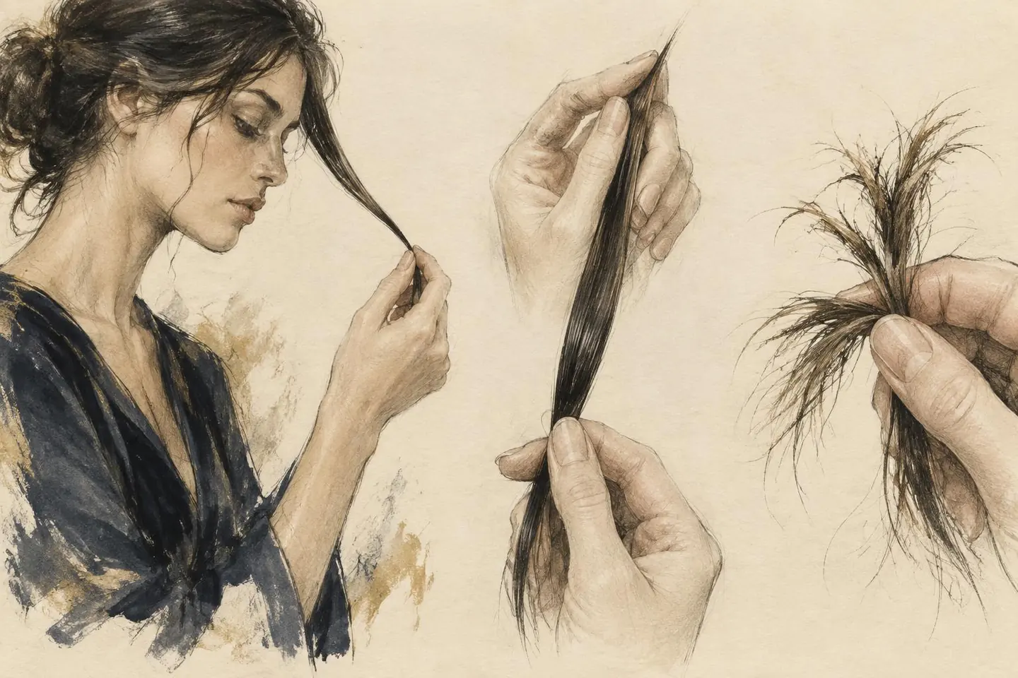 Hand-drawn studies comparing a healthy hair strand with fragile broken ends