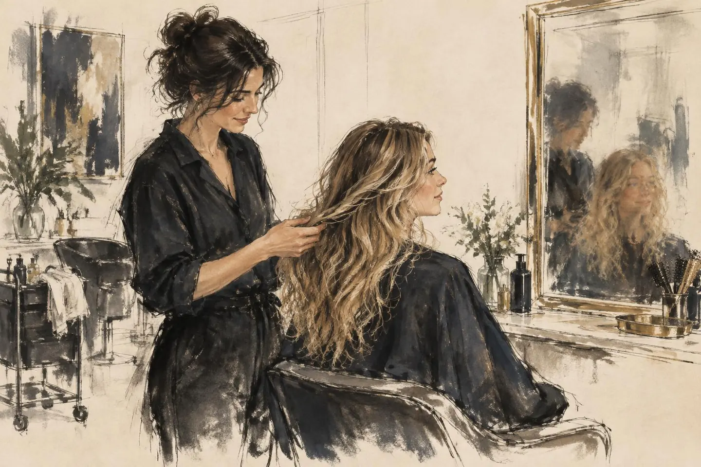 A stylist examining a guest's hair during a salon consultation