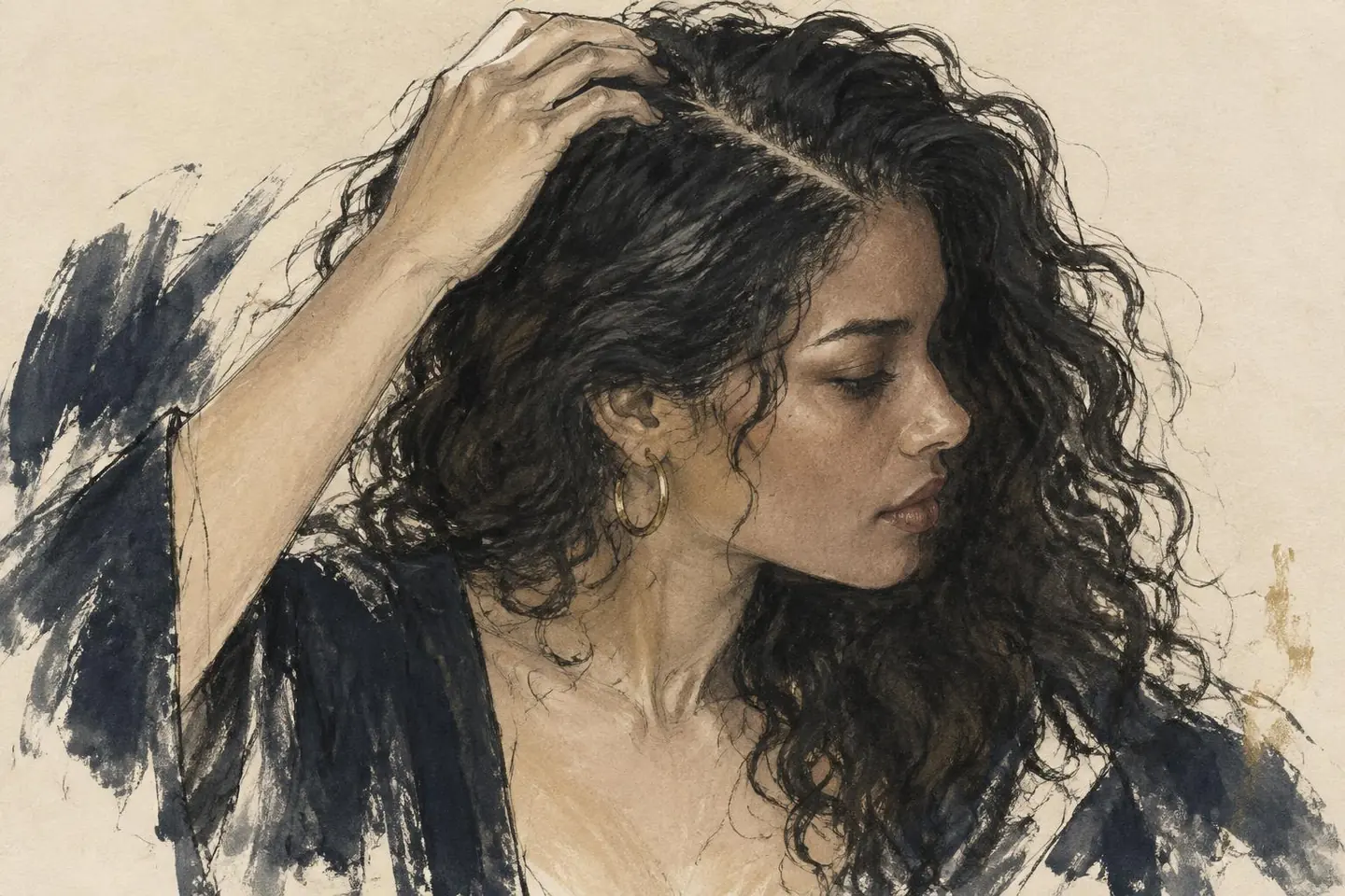 Fashion illustration of a woman examining the hair at her crown