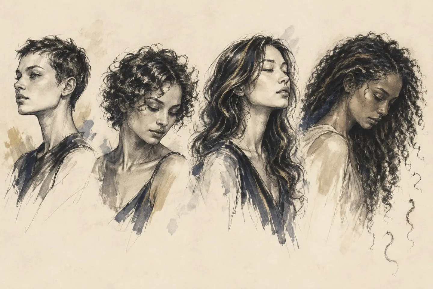 Four gestural hair studies suggesting different stages of the growth cycle