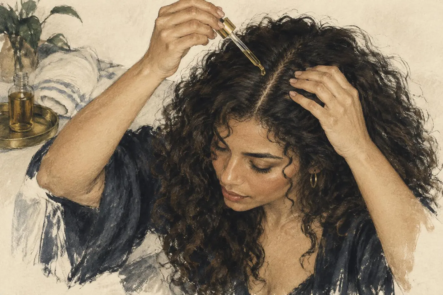 A woman parting her curls while applying a scalp treatment