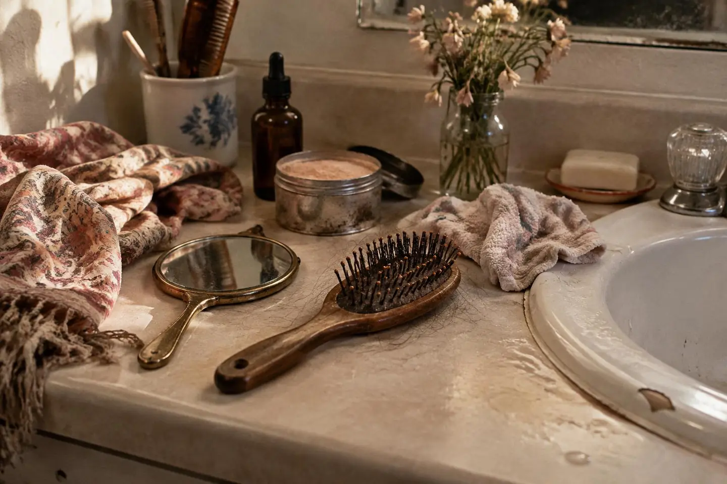Dry shampoo, scalp serum, a hairbrush, and towels arranged for a between-wash ritual