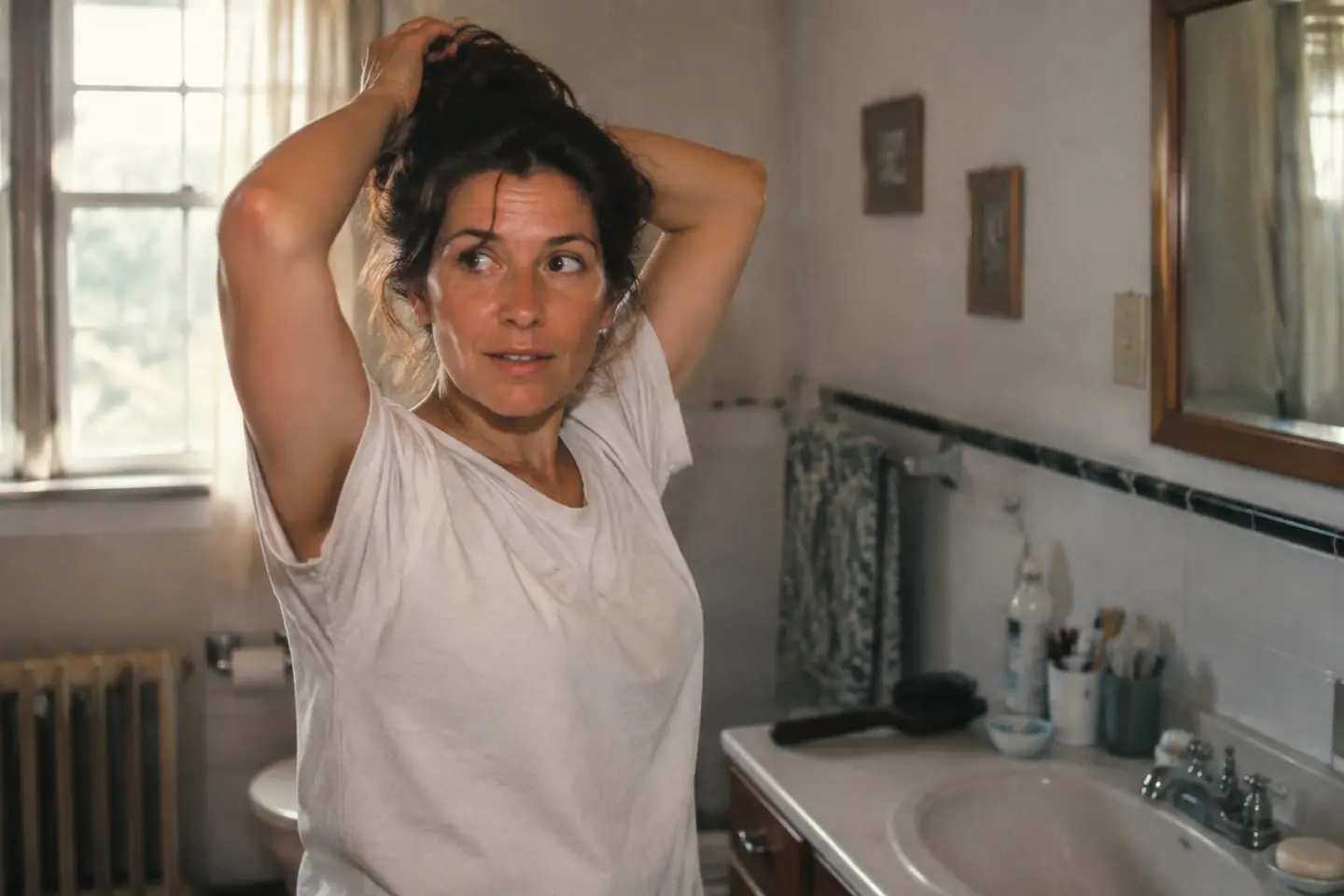 A woman gathering her wavy hair before washing it at home