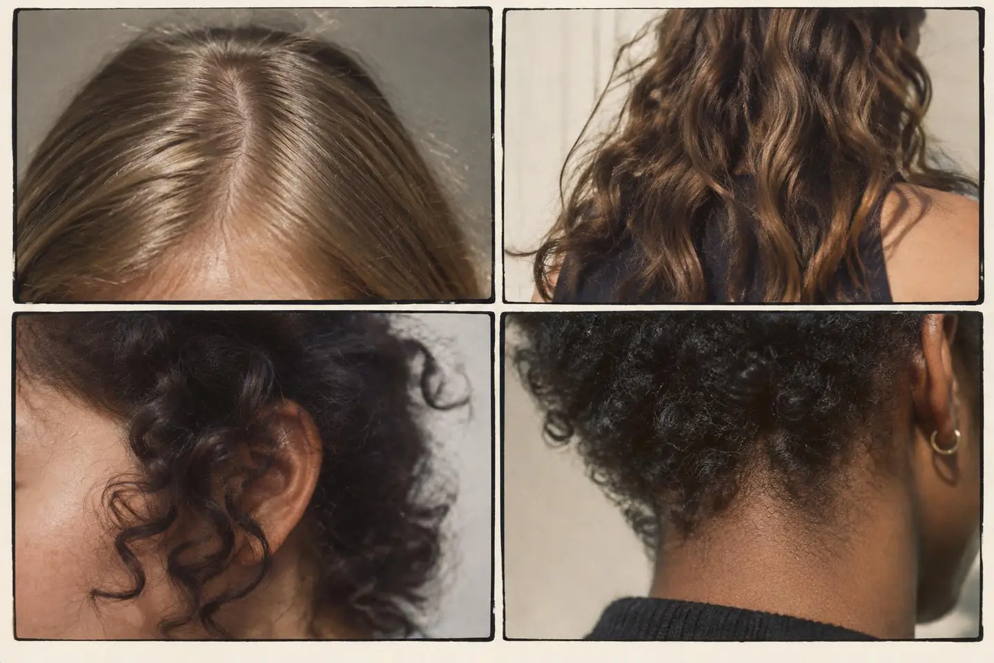 Close-up photographs of straight, wavy, curly, and coily hair textures