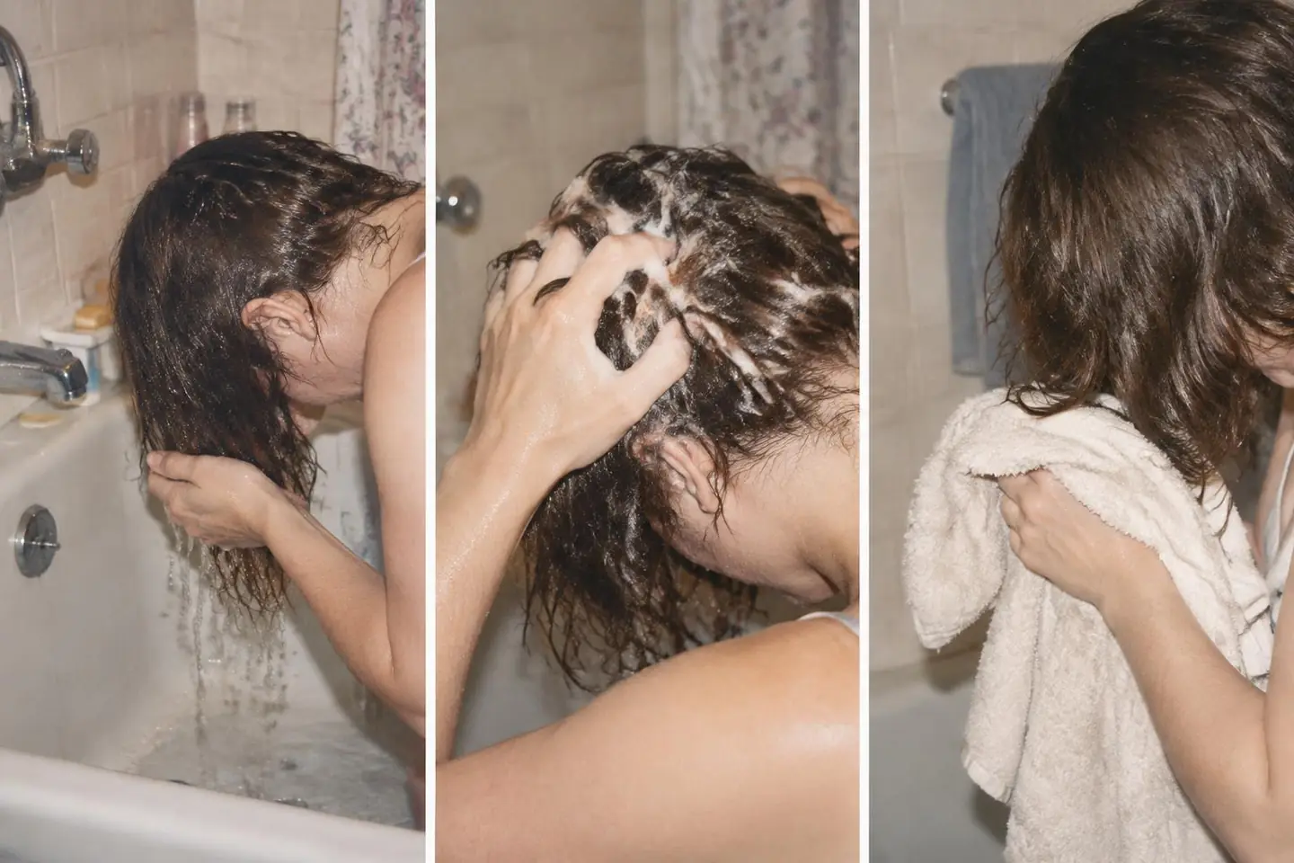 Three photographs showing wetting, shampooing, and towel drying hair at home