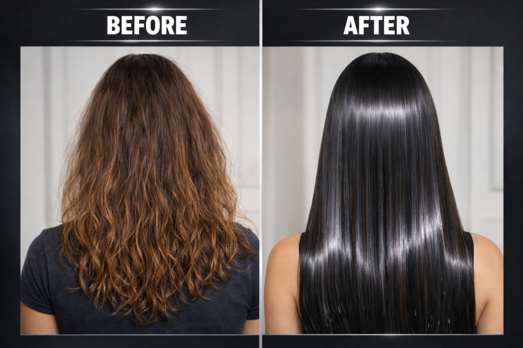Glass Hair Look: What It Is, How to Get It & Best Products 2 hair gloss before and after